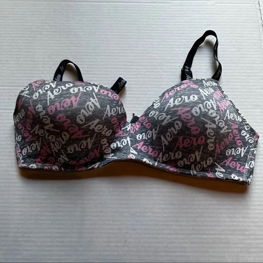 Aeropostale Bra 38D gray/pink/cream no underwire, padded adjustable straps